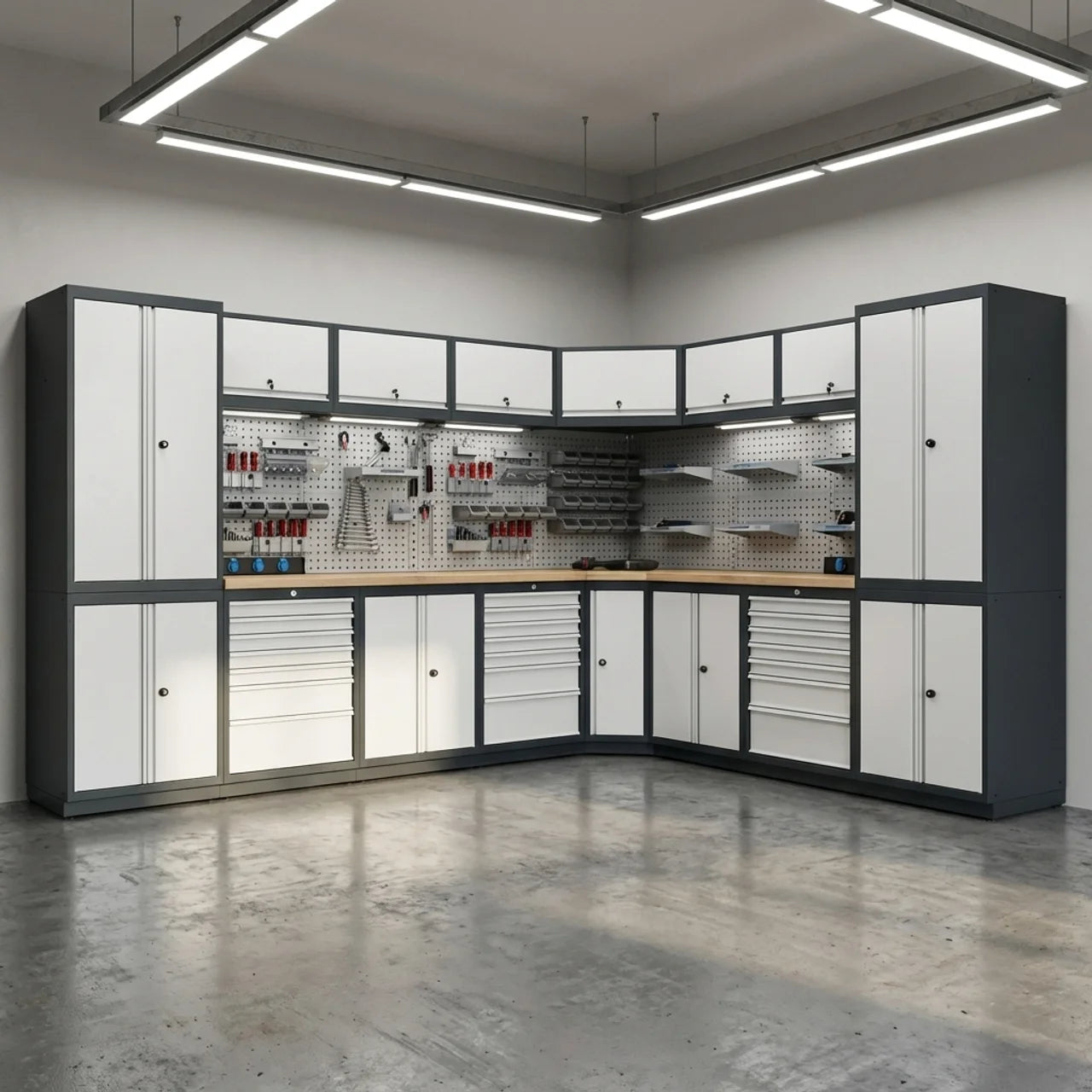 Hoek Werkbank Garage met Kasten en Laden
