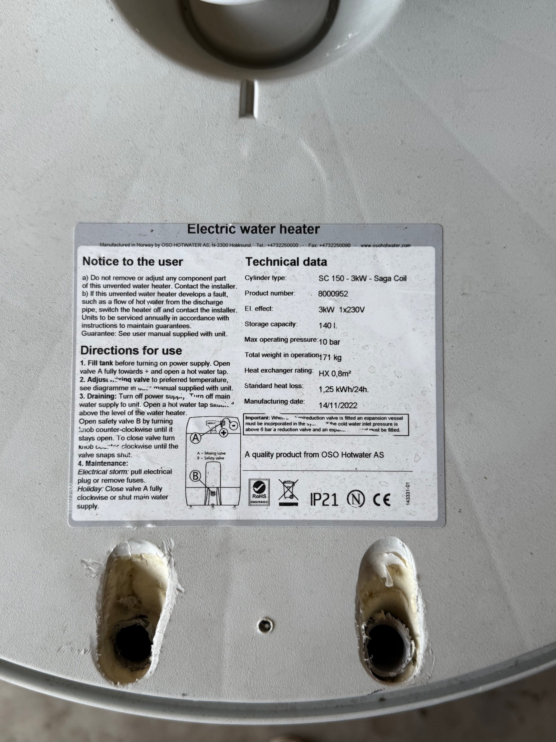 Oso Hotwater SC 150 liter Boiler
