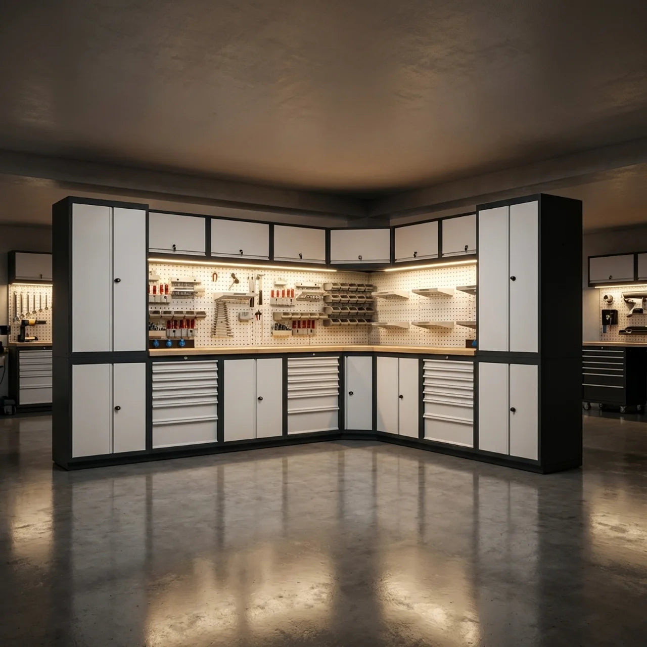 Hoek Werkbank Garage met Kasten en Laden