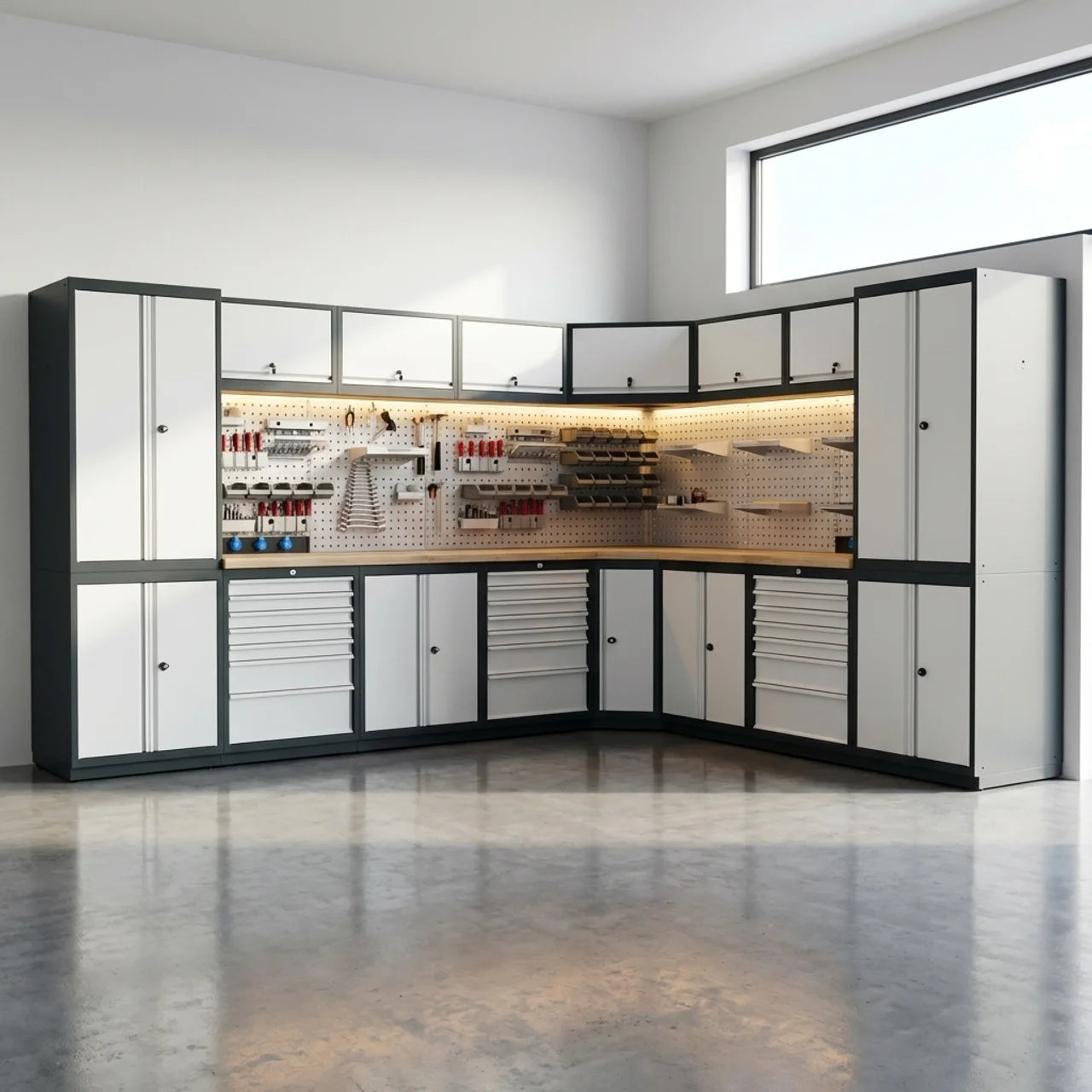Hoek Werkbank Garage met Kasten en Laden