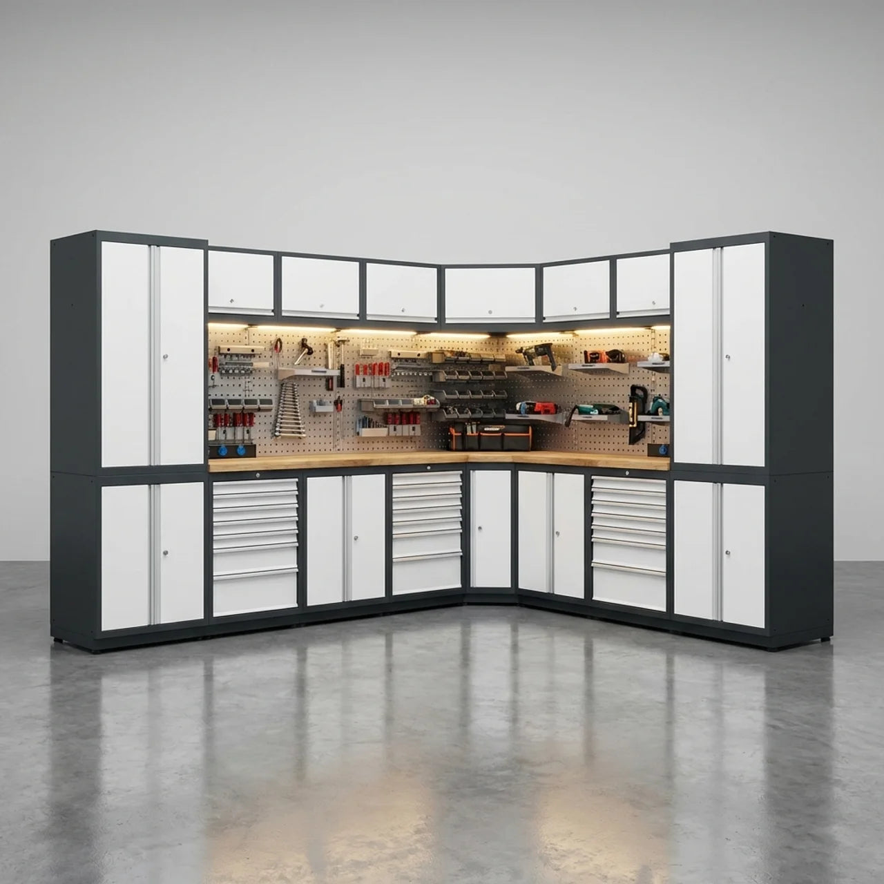 Hoek Werkbank Garage met Kasten en Laden