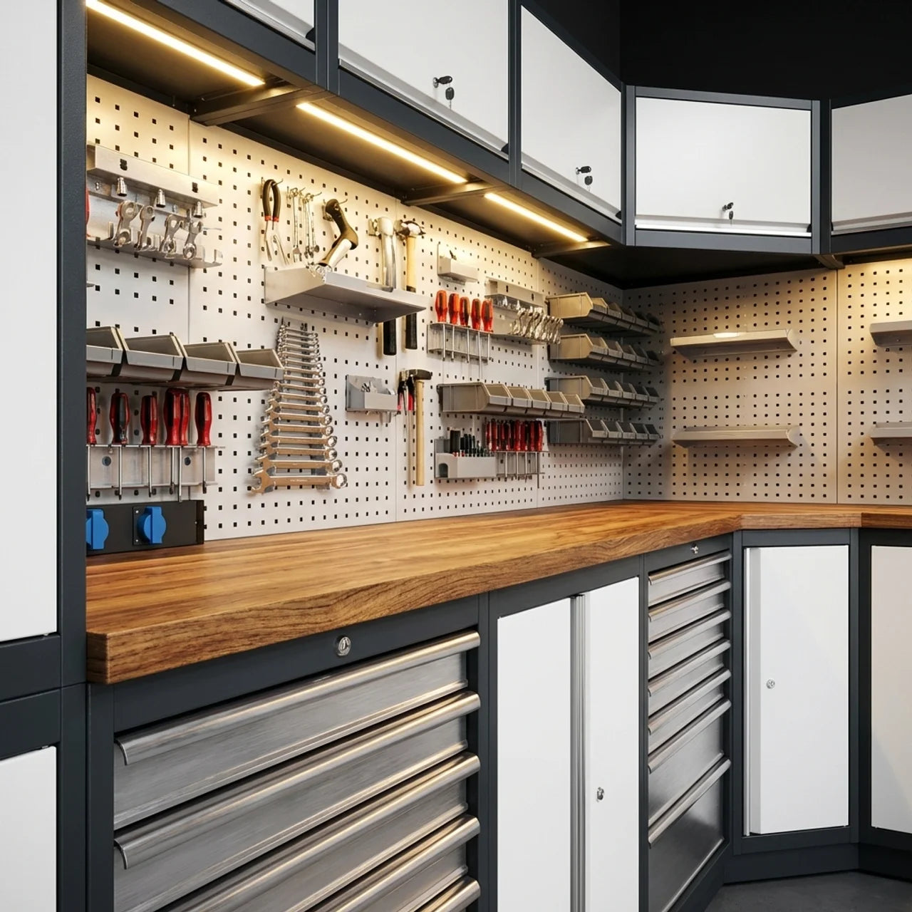 Hoek Werkbank Garage met Kasten en Laden