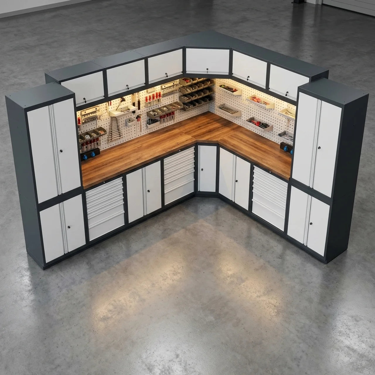 Hoek Werkbank Garage met Kasten en Laden